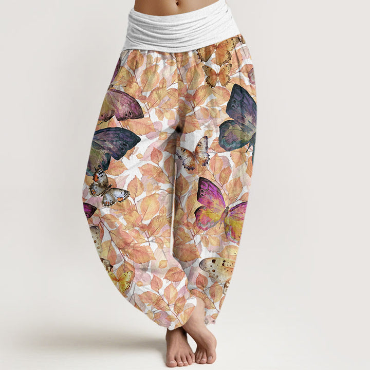 Pantalon Buddha Stones décontracté à taille élastique pour femme, motif papillon et feuilles mortes - Blanc - US22，UK/AU26，EU54 (6XL) - image 5
