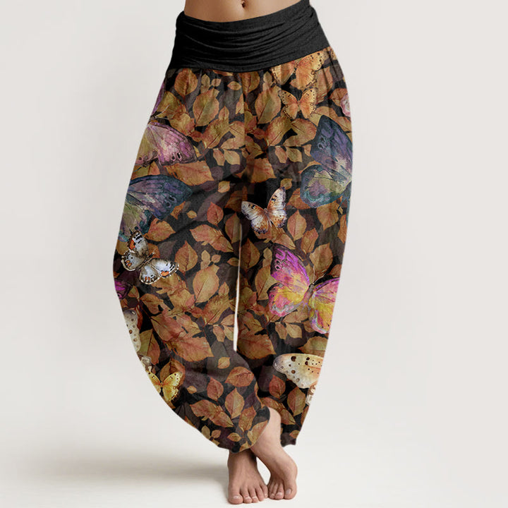 Pantalon Buddha Stones décontracté à taille élastique pour femme, motif papillon et feuilles mortes - Noir - US22，UK/AU26，EU54 (6XL) - image 8