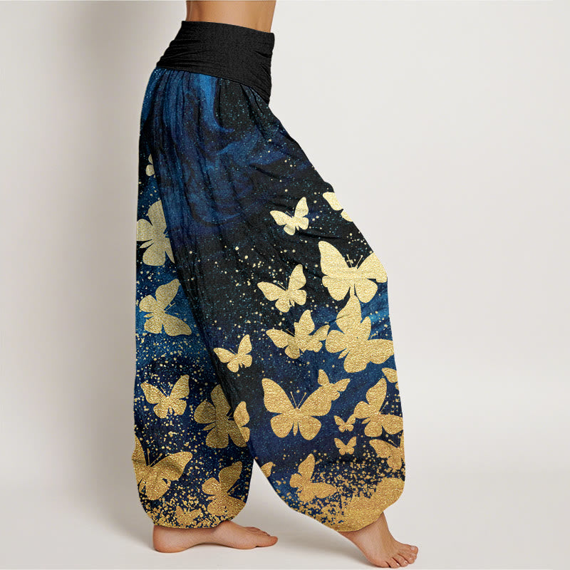 Pantalon sarouel décontracté à taille élastique pour femme avec motif papillon doré et Buddha Stones - image 1