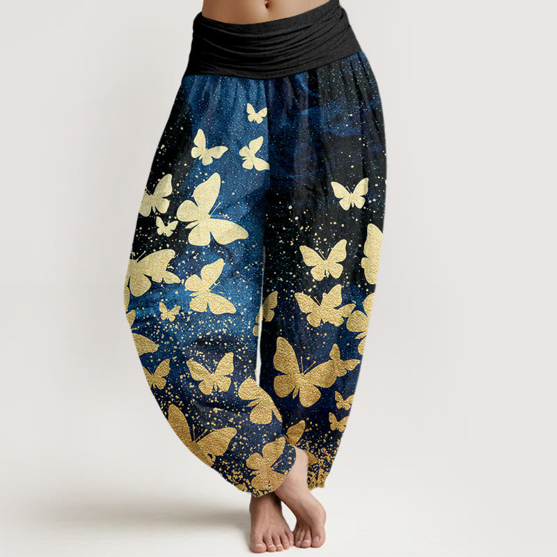 Pantalon sarouel décontracté à taille élastique pour femme avec motif papillon doré et Buddha Stones - DodgerBlue - US22，UK/AU26，EU54 (6XL) - image 1
