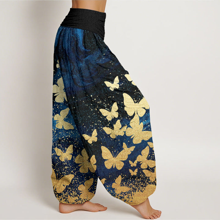 Pantalon harem décontracté en coton à motif papillon doré et Buddha Stones, taille élastique pour femme - image 1
