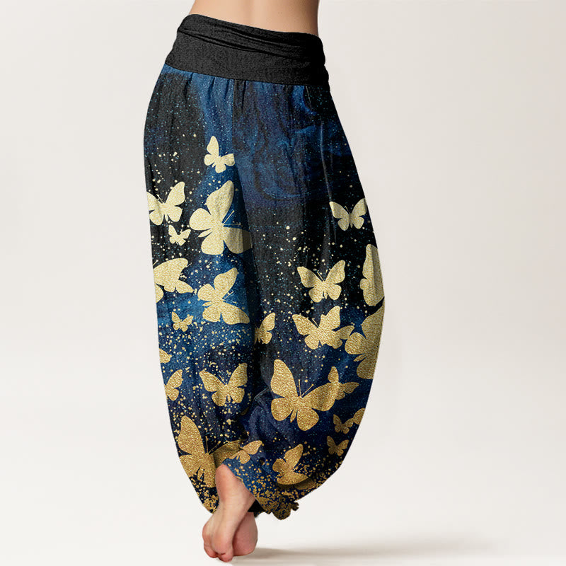 Pantalon sarouel décontracté à taille élastique pour femme avec motif papillon doré et Buddha Stones - image 3