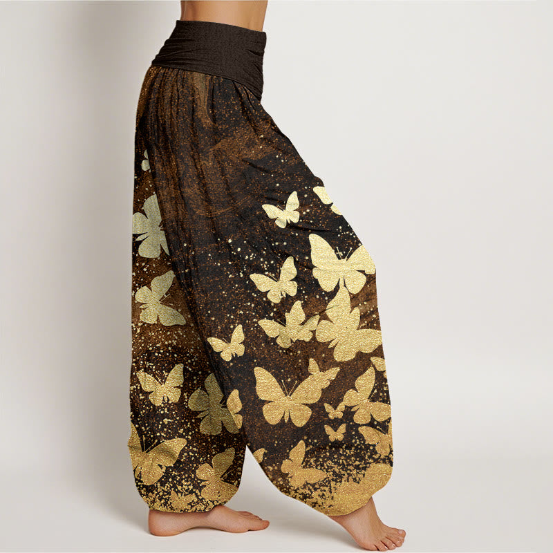Pantalon sarouel décontracté à taille élastique pour femme avec motif papillon doré et Buddha Stones