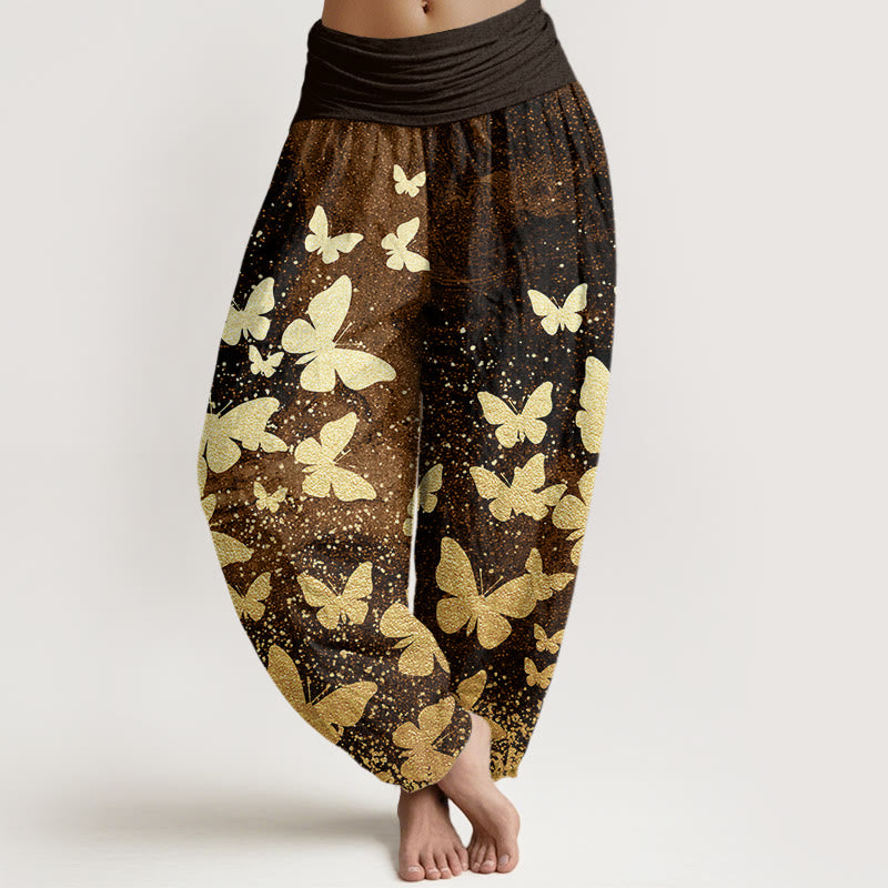 Pantalon sarouel décontracté à taille élastique pour femme avec motif papillon doré et Buddha Stones