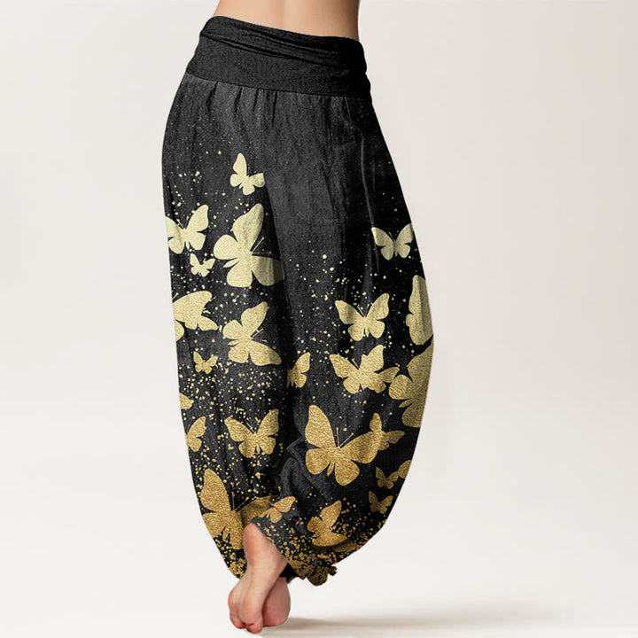 Pantalon harem décontracté en coton à motif papillon doré et Buddha Stones, taille élastique pour femme - image 9