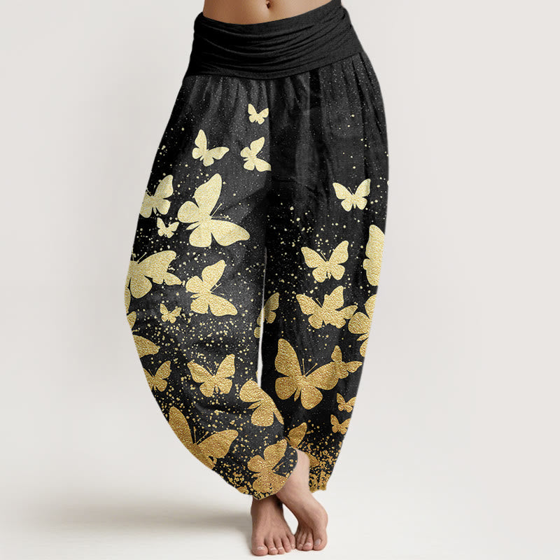 Pantalon sarouel décontracté à taille élastique pour femme avec motif papillon doré et Buddha Stones - Noir - US22，UK/AU26，EU54 (6XL) - image 8