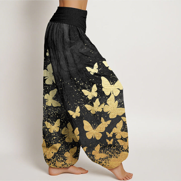 Pantalon sarouel décontracté à taille élastique pour femme avec motif papillon doré et Buddha Stones