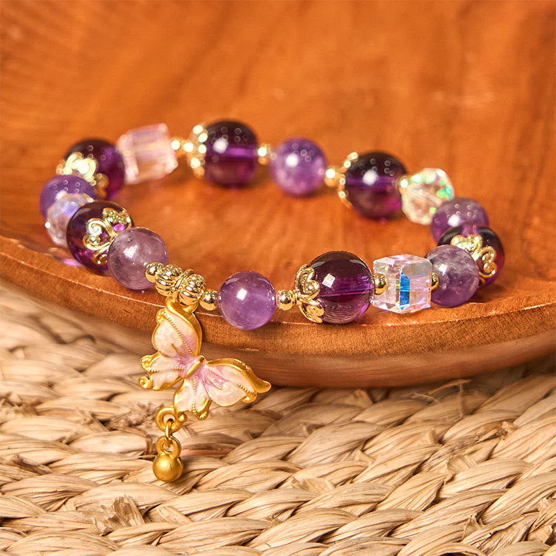 Bracelet de paix papillon en pierre de soleil améthyste naturelle de Buddha Stones