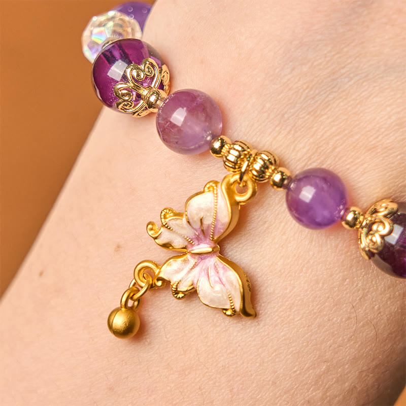 Bracelet de paix papillon en pierre de soleil améthyste naturelle de Buddha Stones