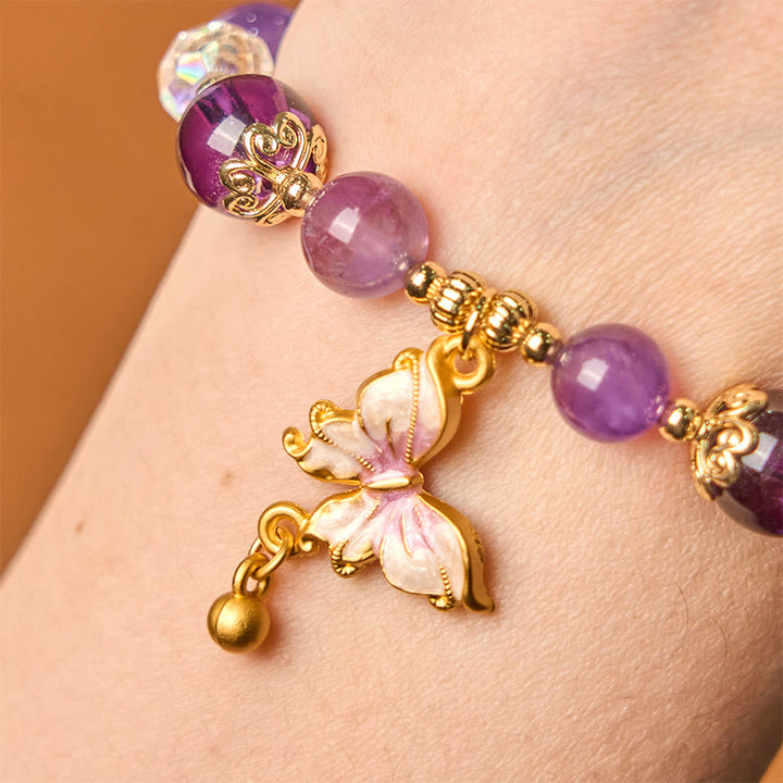 Bracelet de paix papillon en pierre de soleil améthyste naturelle de Buddha Stones