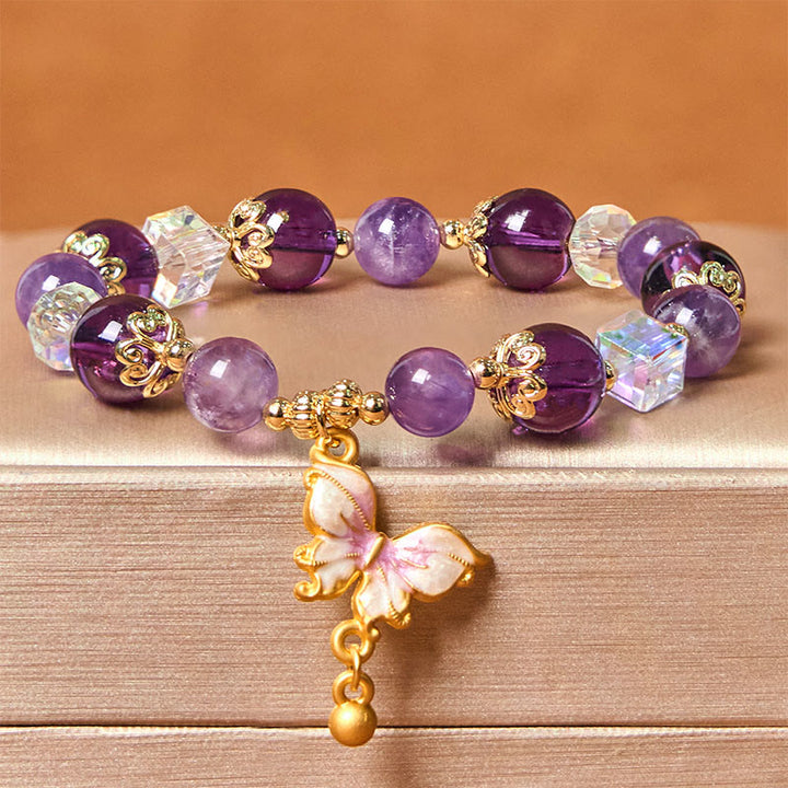 Bracelet de paix papillon en pierre de soleil améthyste naturelle de Buddha Stones