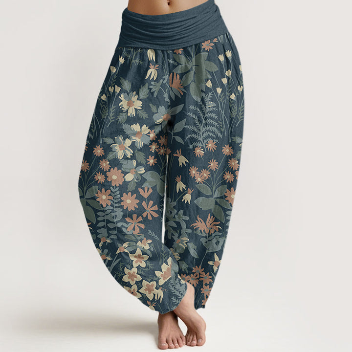 Pantalon harem à taille élastique pour femme, en coton décontracté avec motif de marguerites et de feuilles, orné de Buddha Stones - Bleu clair - US22，UK/AU26，EU54 (6XL) - image 0