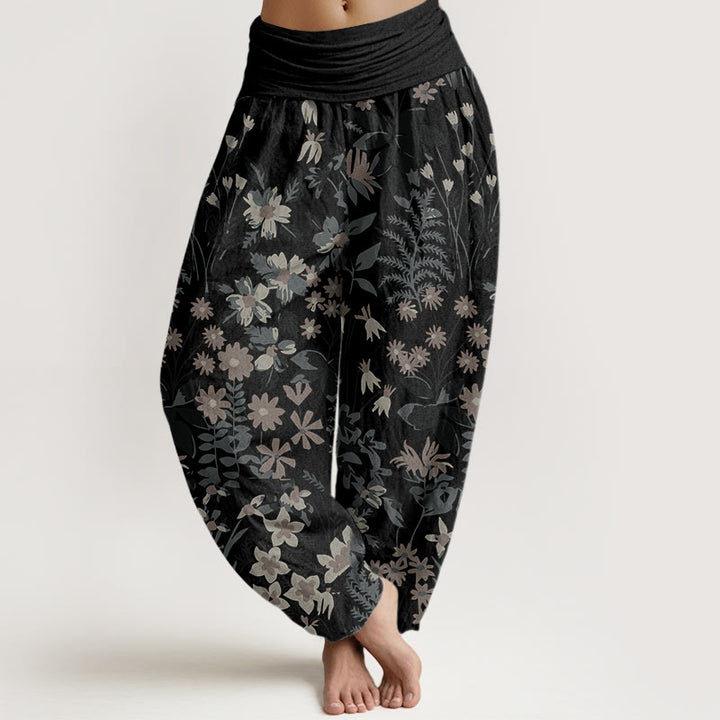 Pantalon harem à taille élastique pour femme, en coton décontracté avec motif de marguerites et de feuilles, orné de Buddha Stones - Noir - US22，UK/AU26，EU54 (6XL) - image 4