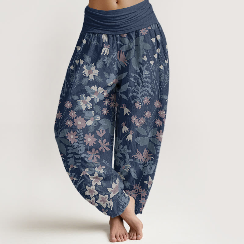 Pantalon harem à taille élastique pour femme, en coton décontracté avec motif de marguerites et de feuilles, orné de Buddha Stones - SteelBlue - US22，UK/AU26，EU54 (6XL) - image 7