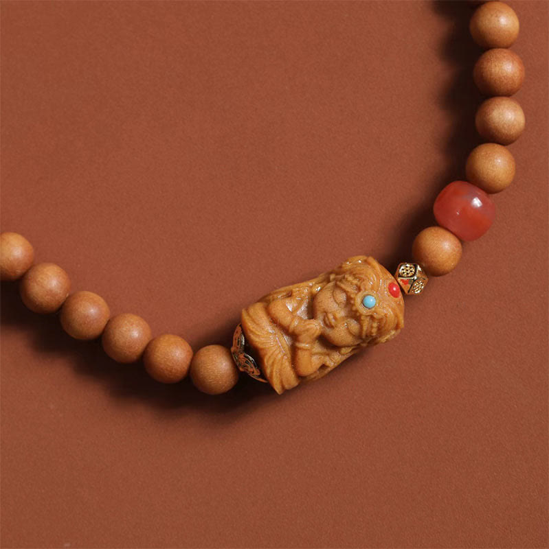 Bracelet porte-bonheur en agate rouge du sud et bois de santal, déesse de la richesse tibétaine Zakiram, Buddha Stones - image 3