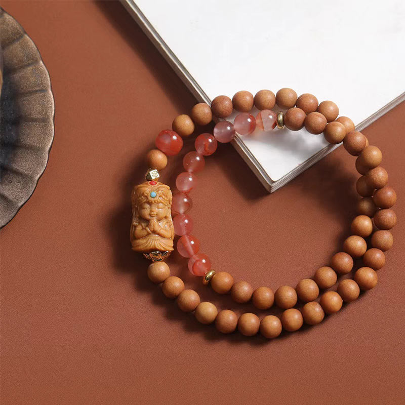 Bracelet porte-bonheur en agate rouge du sud et bois de santal, déesse de la richesse tibétaine Zakiram, Buddha Stones - Bois de santal et agate rouge du Sud (Tour de poignet : 13-21 cm) - image 0