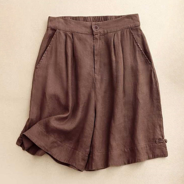 Short d'été décontracté en fibre acrylique avec fermeture éclair et boutons grenouille pour femme, couleur Buddha Stones , avec poches