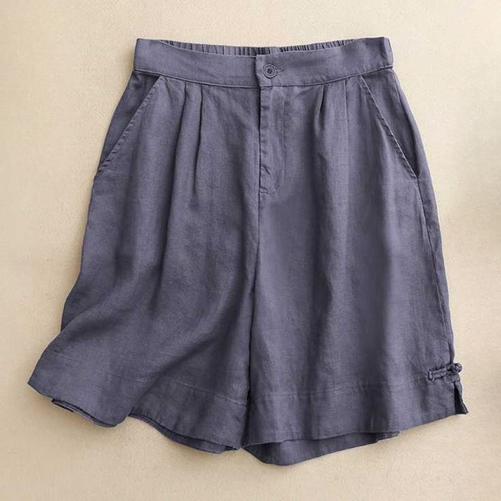 Short d'été décontracté en fibre acrylique avec fermeture éclair et boutons grenouille pour femme, couleur Buddha Stones , avec poches