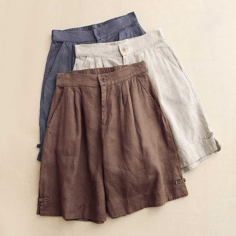 Short d'été décontracté en fibre acrylique avec fermeture éclair et boutons grenouille pour femme, couleur Buddha Stones , avec poches