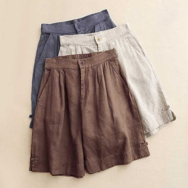 Short d'été décontracté en fibre acrylique avec fermeture éclair et boutons grenouille pour femme, couleur Buddha Stones , avec poches