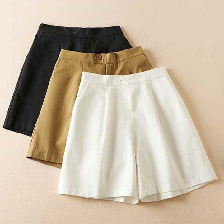 Short d'été Buddha Stones en coton et lin uni avec fermeture éclair et poches pour femme