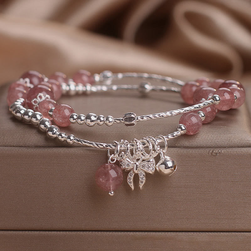 Bracelet double tour en quartz Buddha Stones naturel avec breloque en forme de rosette et nœud papillon
