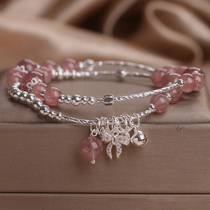 Bracelet double tour en quartz Buddha Stones naturel avec breloque en forme de rosette et nœud papillon