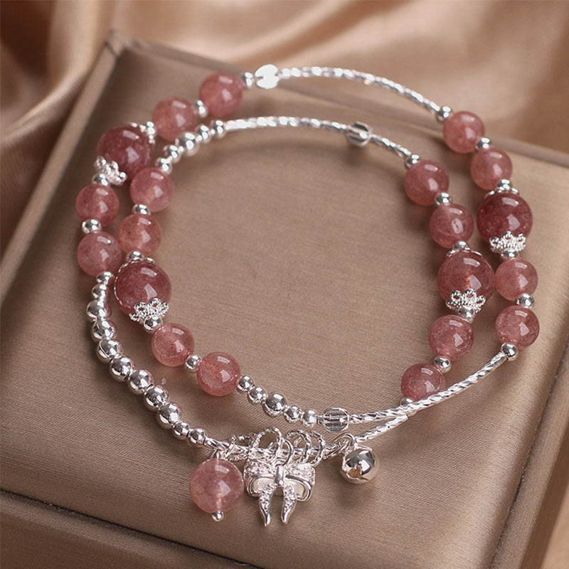 Bracelet double tour en quartz Buddha Stones naturel avec breloque en forme de rosette et nœud papillon