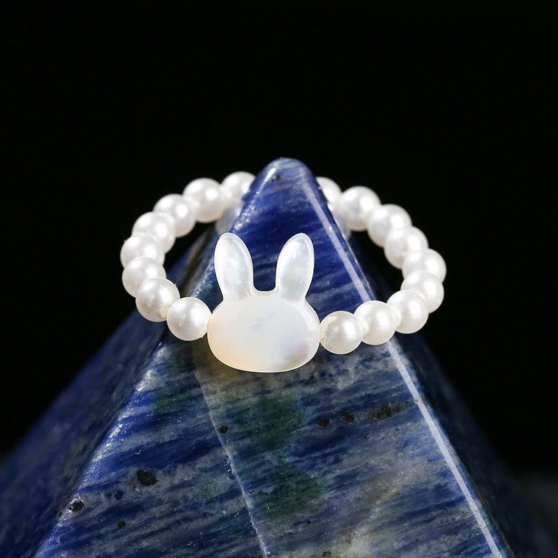Bague élastique en pierre de Tridacna de 3 mm avec pierre de Buddha Stones et bénédiction du lapin