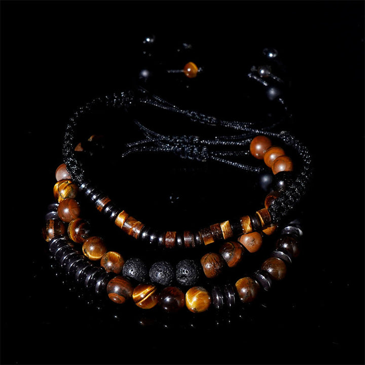 Ensemble de 3 bracelets de protection en pierre de lave œil de tigre et Buddha Stones