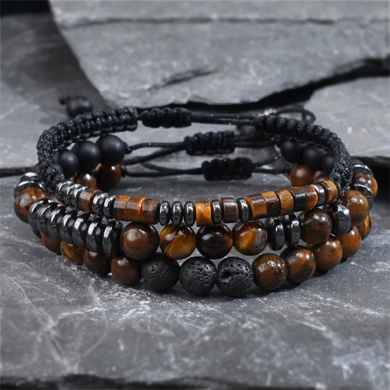 Ensemble de 3 bracelets de protection en pierre de lave œil de tigre et Buddha Stones