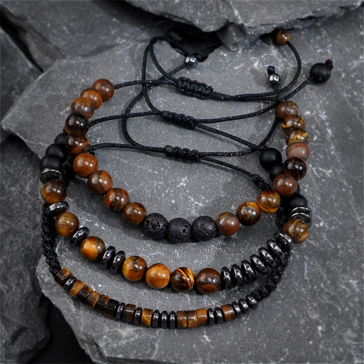 Ensemble de 3 bracelets de protection en pierre de lave œil de tigre et Buddha Stones