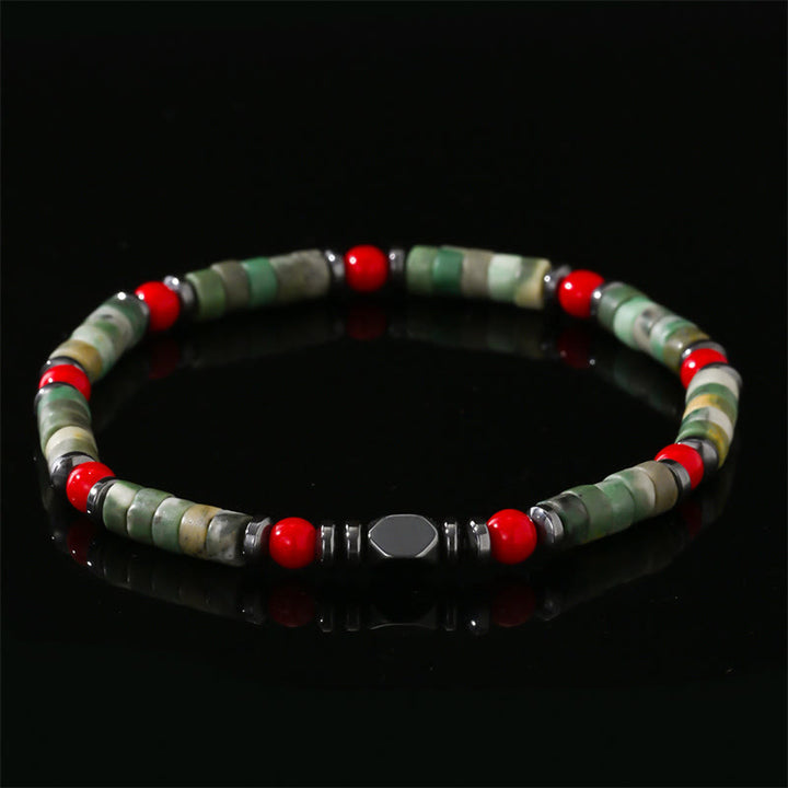 Bracelet puissant en pierre verte Buddha Stones , hématite et corail rouge