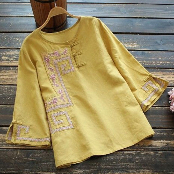 Chemise femme en coton et lin à manches trois-quarts et broderie de vigne et de Buddha Stones
