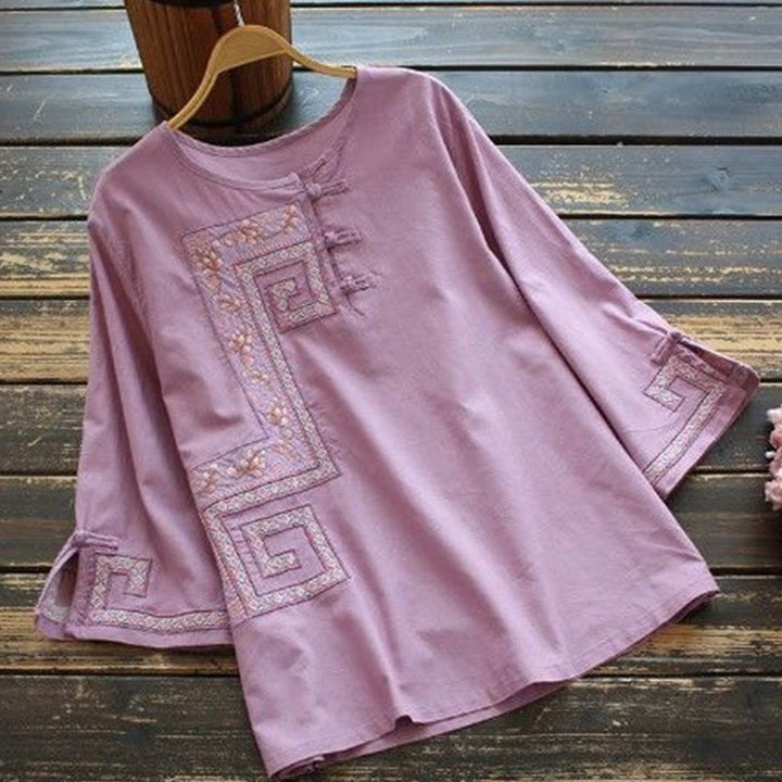 Chemise femme en coton et lin à manches trois-quarts et broderie de vigne et de Buddha Stones