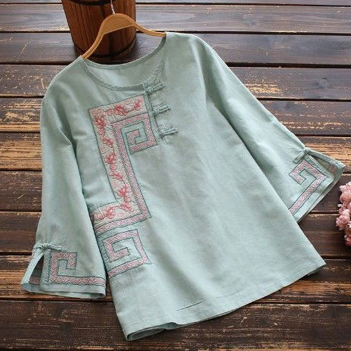 Chemise femme en coton et lin à manches trois-quarts et broderie de vigne et de Buddha Stones