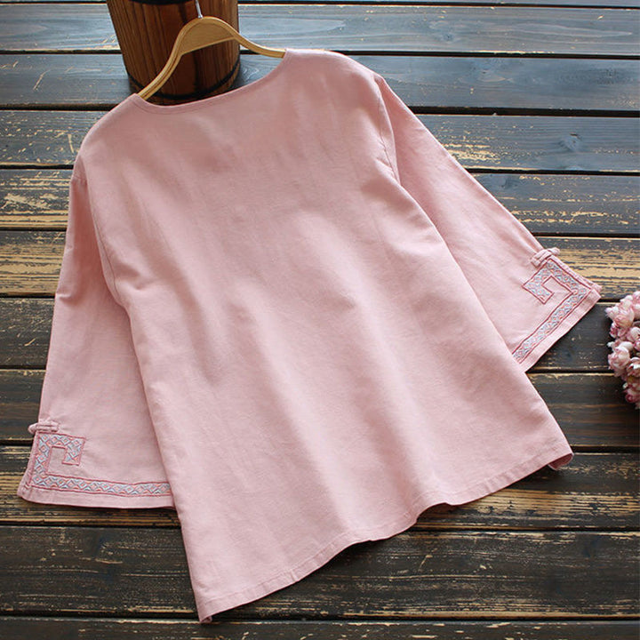 Chemise femme en coton et lin à manches trois-quarts et broderie de vigne et de Buddha Stones