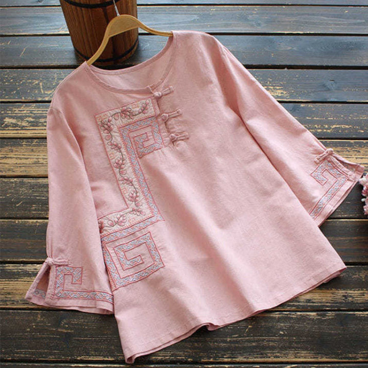 Chemise femme en coton et lin à manches trois-quarts et broderie de vigne et de Buddha Stones