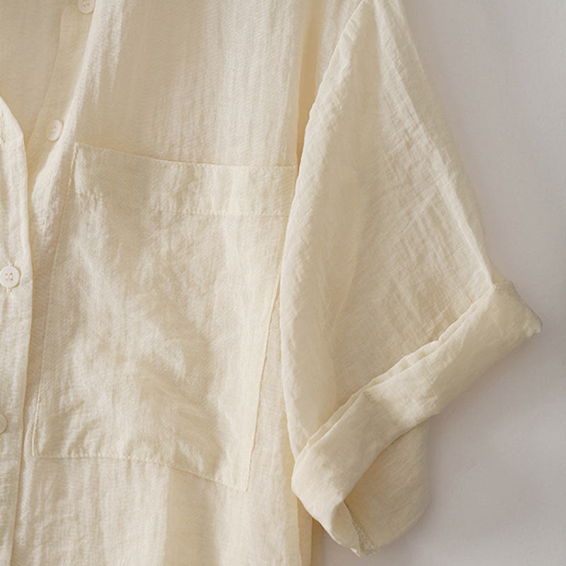 Chemise décontractée ample à manches mi-longues en coton et lin avec poches et plusieurs boutons, motif Buddha Stones