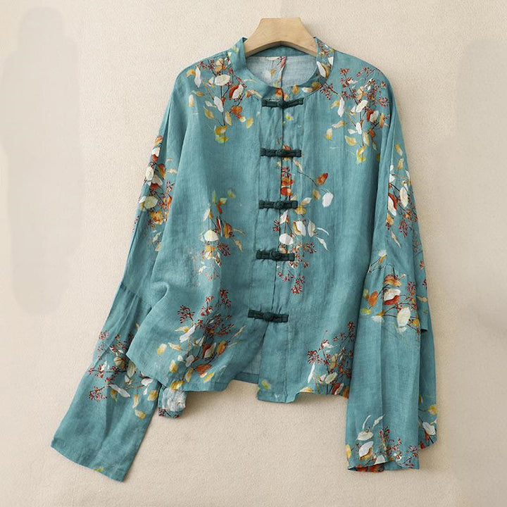 Chemise décontractée ample à manches longues en coton et lin pour femme, imprimé grenouille, motif Buddha Stones