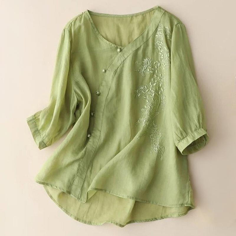 Chemise décontractée ample à manches courtes et boutons grenouille brodés de fleurs Buddha Stones pour femme - JauneVert - US14，UK/AU18，EU46 (4XL) - image 1
