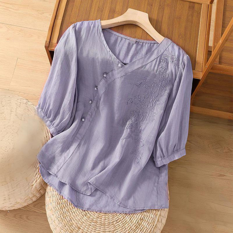 Chemise décontractée ample à manches courtes et boutons grenouille brodés de fleurs Buddha Stones pour femme - image 4
