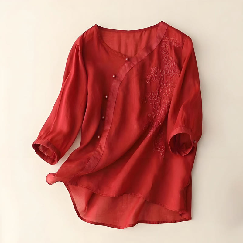 Chemise décontractée ample à manches courtes et boutons grenouille brodés de fleurs Buddha Stones pour femme - Brique réfractaire - US14，UK/AU18，EU46 (4XL) - image 5