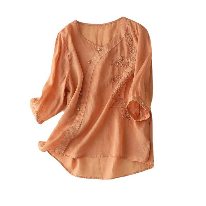 Chemise décontractée ample à manches courtes et boutons grenouille brodés de fleurs Buddha Stones pour femme - image 10