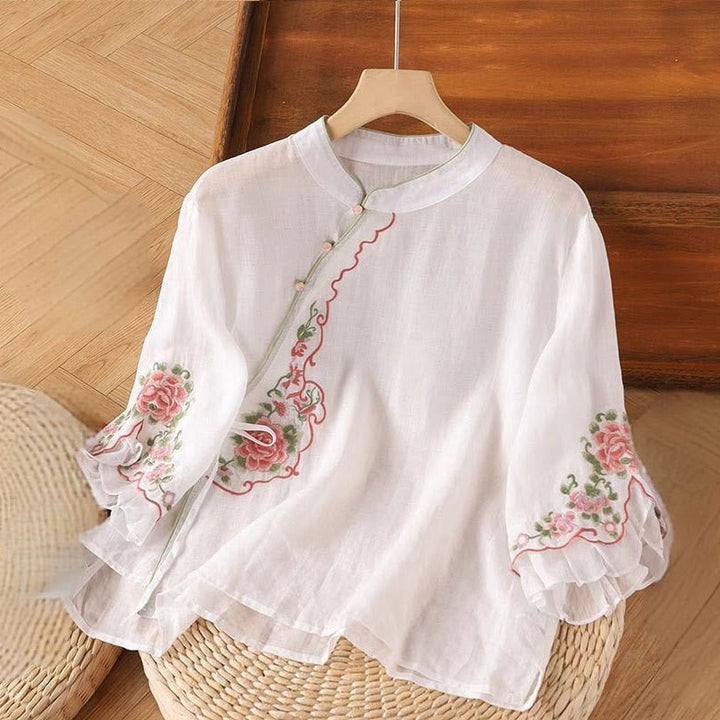 Chemise décontractée ample en coton et lin pour femme, broderie pivoine, boutons grenouille, manches trois-quarts, motif Buddha Stones