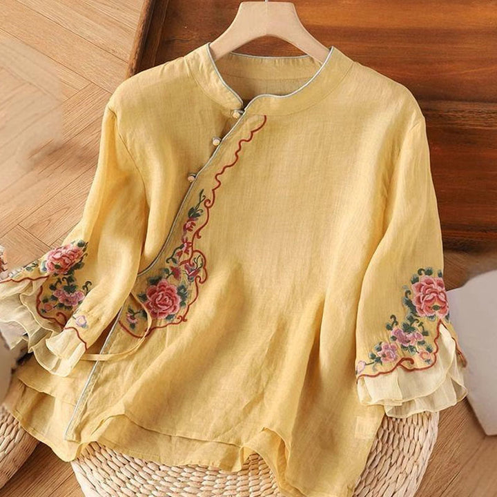 Chemise décontractée ample en coton et lin pour femme, broderie pivoine, boutons grenouille, manches trois-quarts, motif Buddha Stones