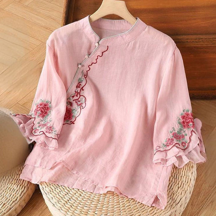 Chemise décontractée ample en coton et lin pour femme, broderie pivoine, boutons grenouille, manches trois-quarts, motif Buddha Stones
