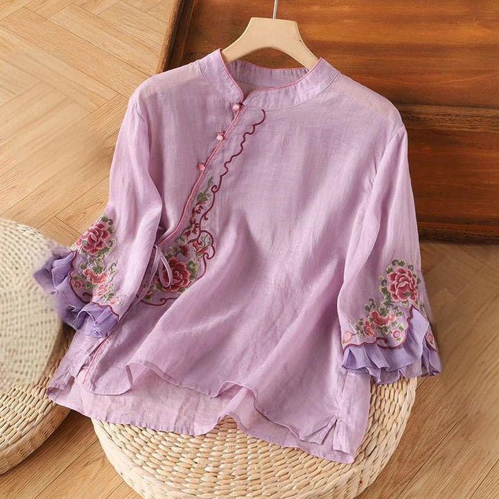 Chemise décontractée ample en coton et lin pour femme, broderie pivoine, boutons grenouille, manches trois-quarts, motif Buddha Stones