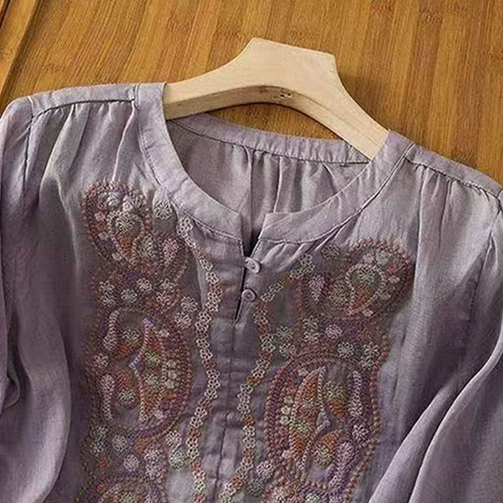 Chemise décontractée ample à manches mi-longues et col ras du cou en coton avec Buddha Stones et boutons grenouille pour femme