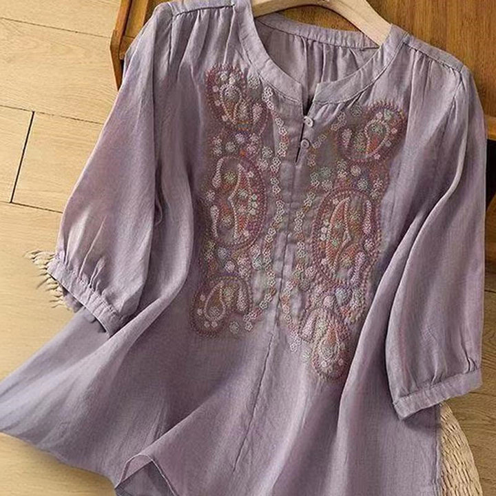 Chemise décontractée ample à manches mi-longues et col ras du cou en coton avec Buddha Stones et boutons grenouille pour femme